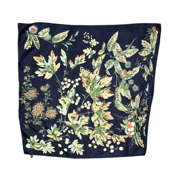 Vintage Italian Silk Scarf With Autumn Botanical Print Thistle Oak Leaves Fall - Picture 3 of 6